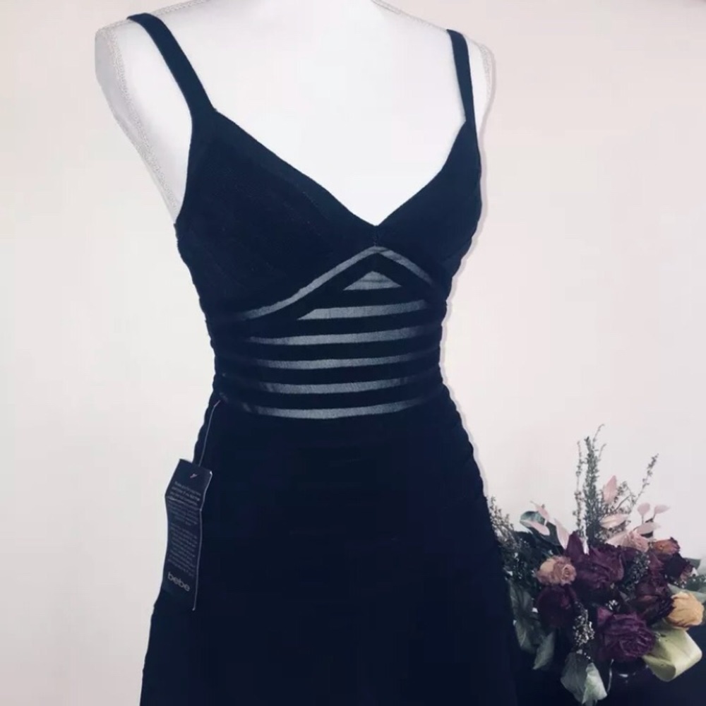 Bebe fit and flare sheer detail dress